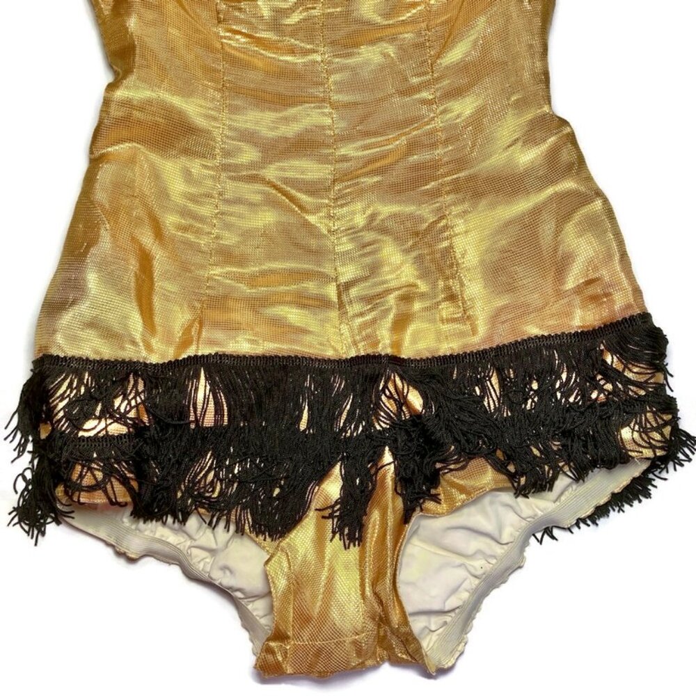 Vtg 60s circus pinup showgirl dance rave festival costume leotard gold fringe OS - Picture 3 of 5